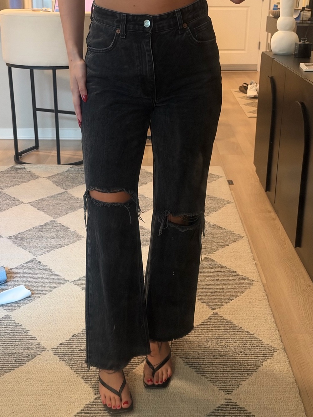 Zara High-Waist Black Distressed Straight-Leg Jeans